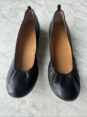 J. Crew Black Leather Ruching Ballet Flats